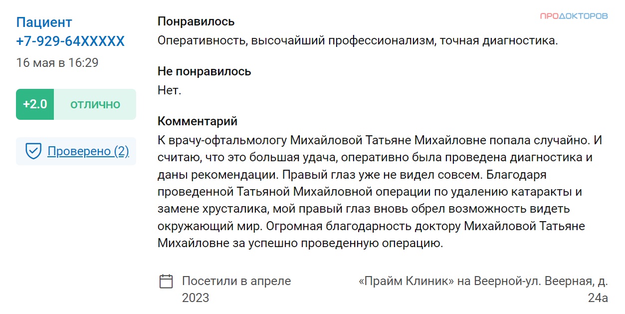 Отзыв о враче-офтальмологе Михайловой Татьяне Николаевне